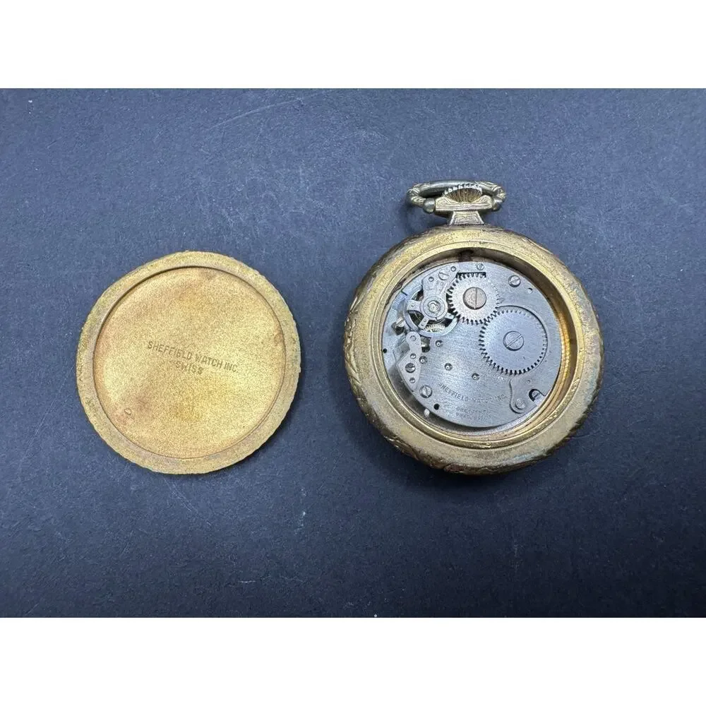 Vintage Sheffield Gold Tone Swiss Made White Dial Pendant Pocket Watch 1 Jewel